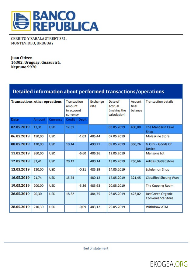 Uruguay Banco de la República Oriental del Uruguay Modèle de relevé bancaire au format Word et PDF, bon pour prouver l'adresse